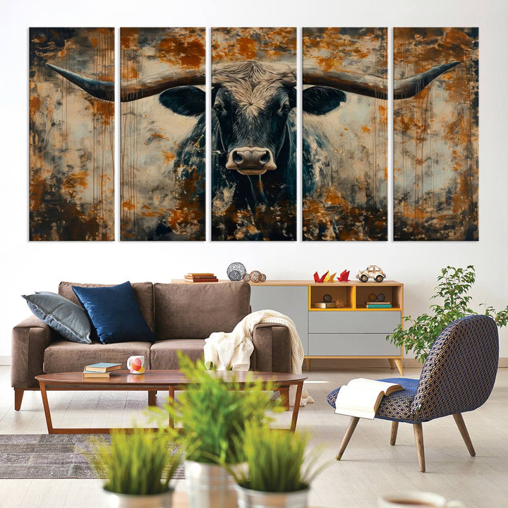 Abstract Longhorn Bull Wall Art | Rustic Western Wall Decor | Framed and Ready to Hang | Ideal for Farmhouse, Lodge, and Barn Decor