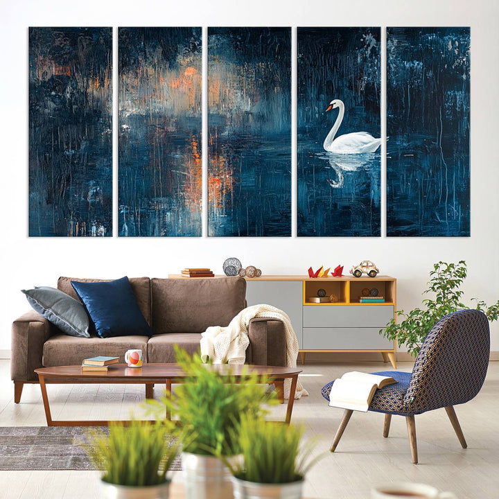 Abstract Swan Wall Art | Moody Blue and Orange Swan Painting on Canvas | Framed and Ready to Hang | Elegant and Modern Art for Living Room or Bedroom Decor