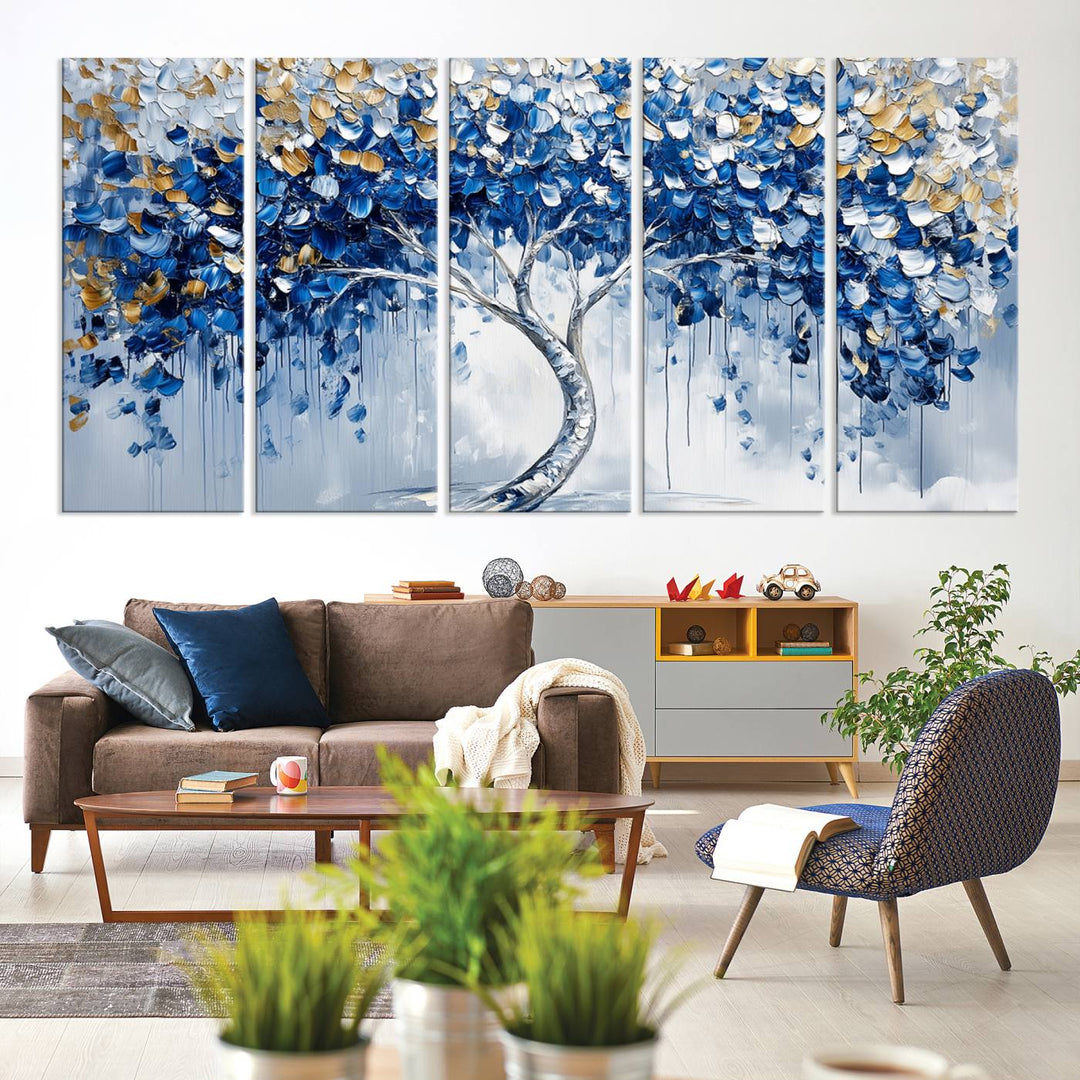 Elegant Blue and Gold Abstract Tree Wall Art | Textured Modern Tree of Life Painting | Framed Canvas Print | Ready to Hang for Dining Room Decor