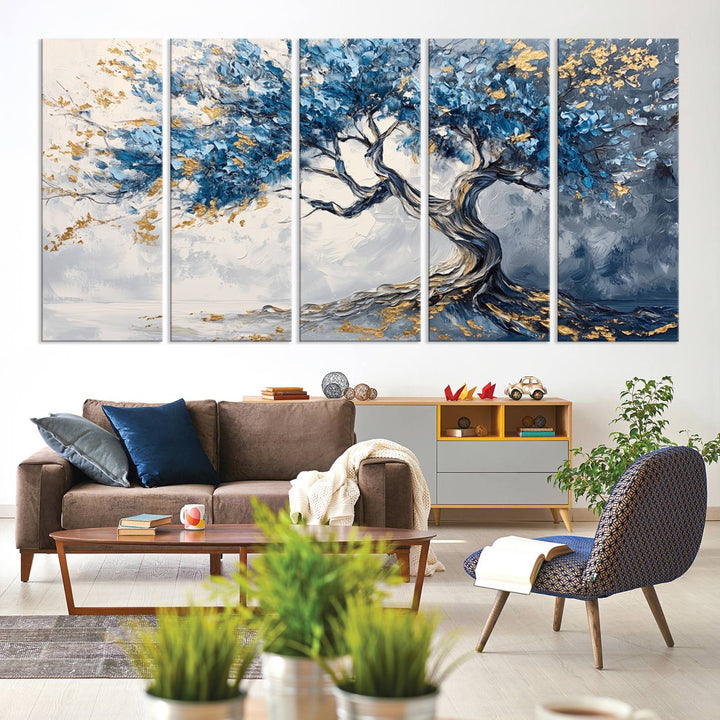 Elegant Abstract Tree Canvas Wall Art | Tree of Life Painting | Textured Art in Blue and Gold | Framed & Ready to Hang for Modern Living Room Decor