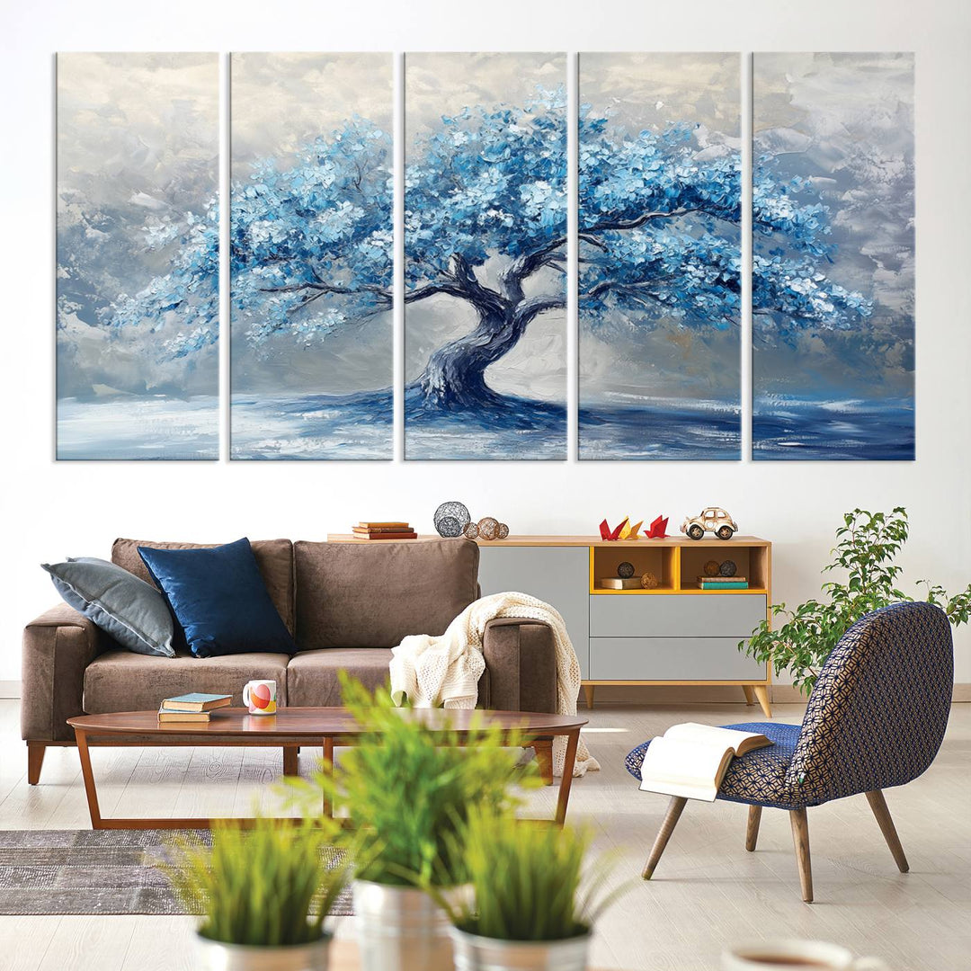 Serene Abstract Blue Tree Wall Art | Canvas Print of a Majestic Tree in Blue Hues | Perfect for Farmhouse, Coastal, and Modern Decor