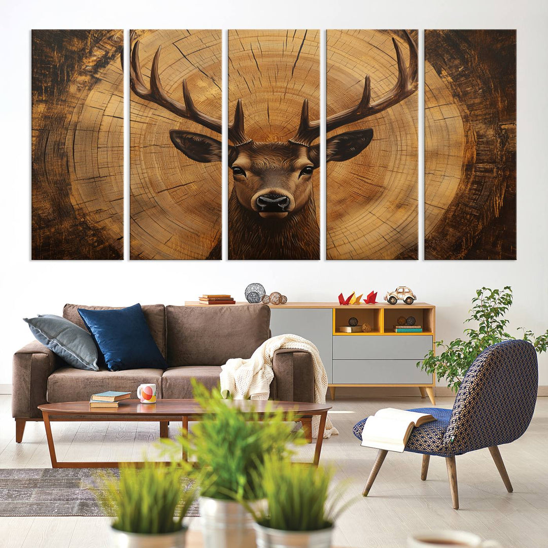 Deer Wall Art Canvas Print | Ready to Hang Canvas Print of a Stag with Rustic Tree Rings | Perfect for Farmhouse Wall Decor, Cabin Wall Art