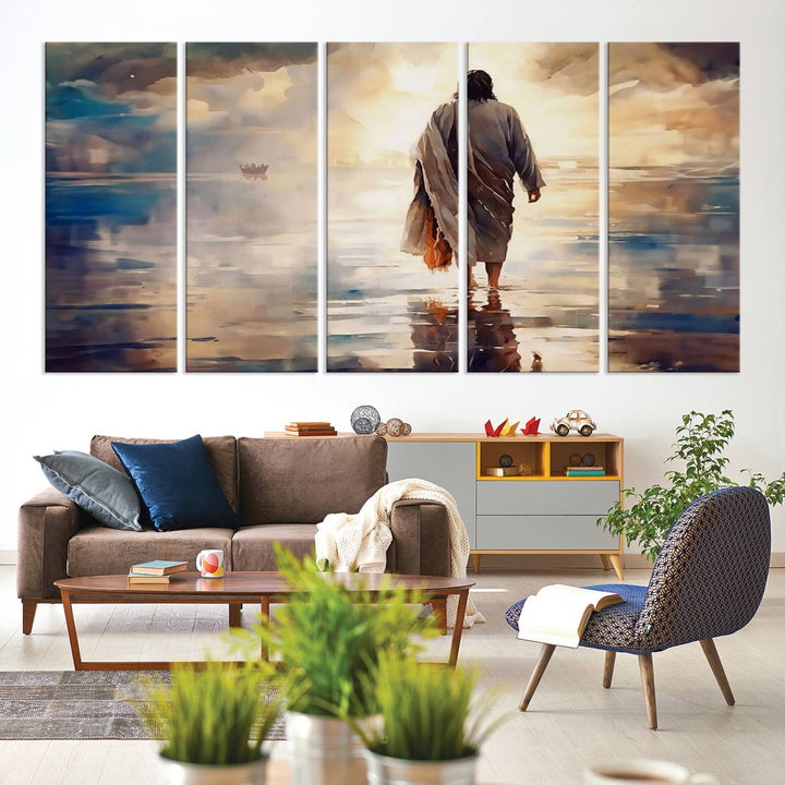 Jesus Walking on Water Wall Art | Ready to Hang Spiritual Triptych Canvas Print | Inspirational Christian Decor for Home or Church