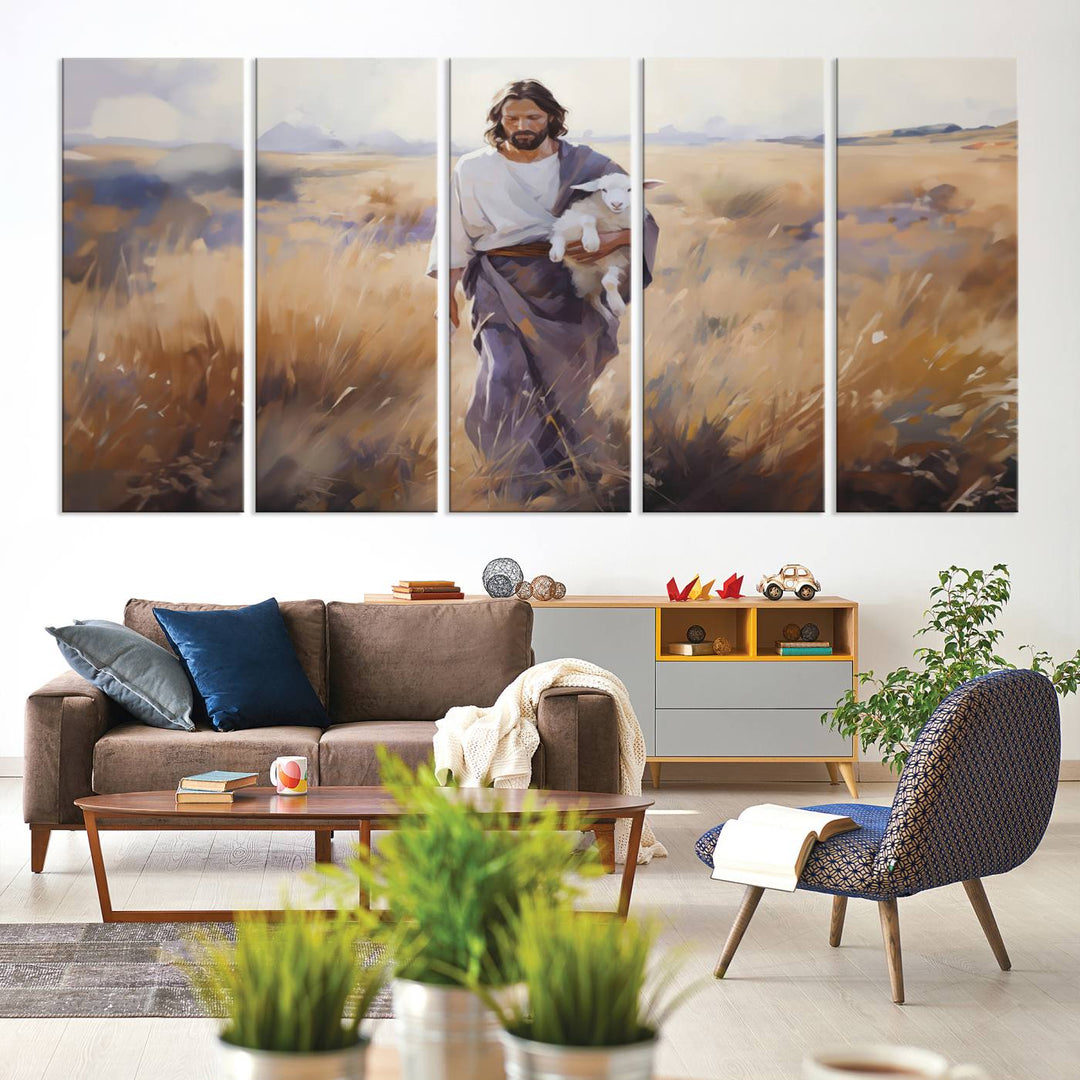 Jesus the Good Shepherd Wall Art Canvas Print - Lost Lamb  Print for Prayer Room Decor