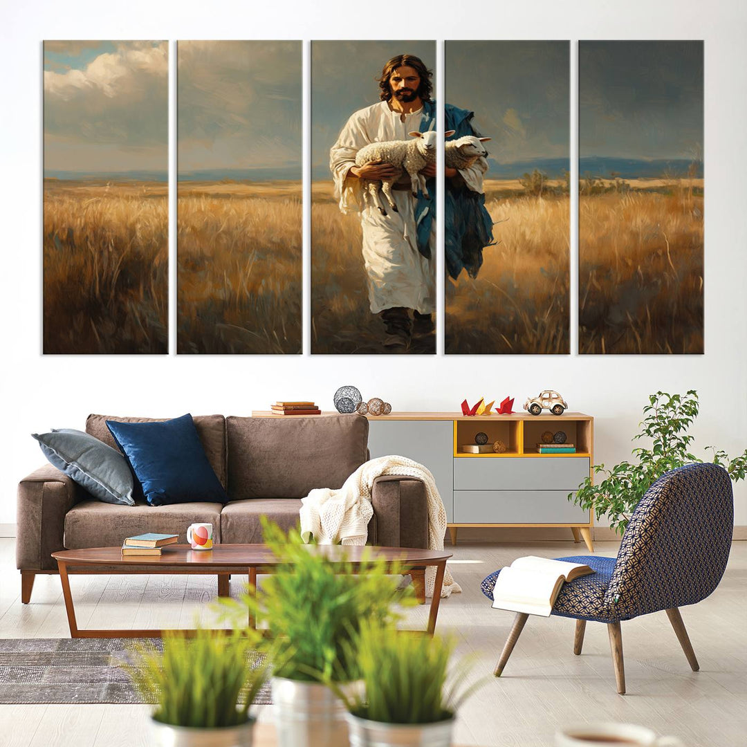 Jesus Shepherd Wall Art | Ready to Hang Triptych Canvas of Jesus Holding a Lamb in a Field | Inspirational Christian Decor for Home