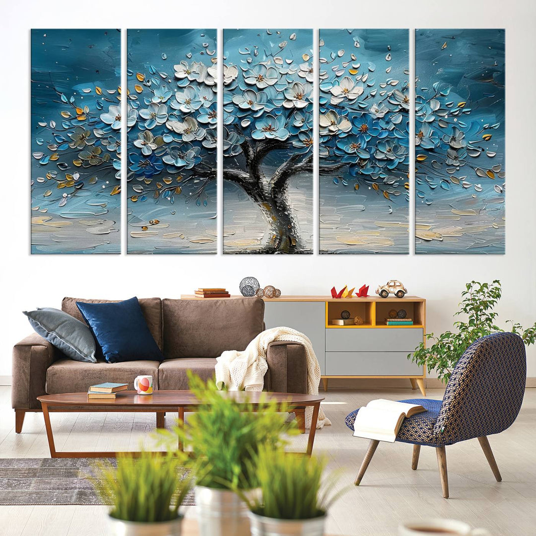 Abstract Blooming Tree Wall Art Print features blue, white, and gold textures on museum-quality canvas, perfect for modern decor.