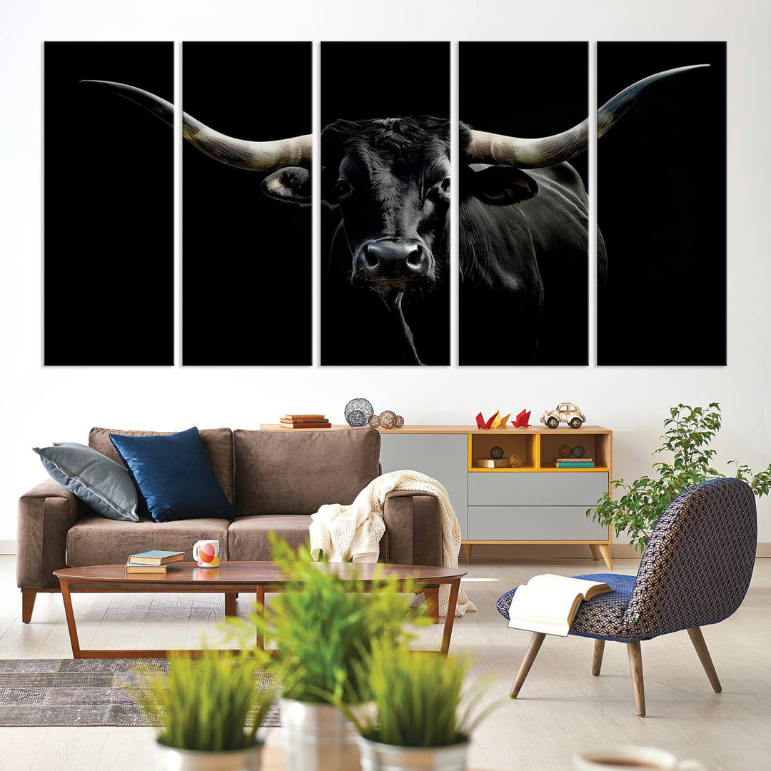 Texas Black Longhorn Bull Wall Art Canvas Print - Western Texas Cattle Rustic Decor Print - Longhorn Cow Wall Art