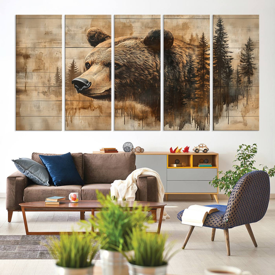 Abstract Rustic Grizzly Bear Wall Art Canvas Print - Woodland Wildlife Forest Print for Farmhouse Decor