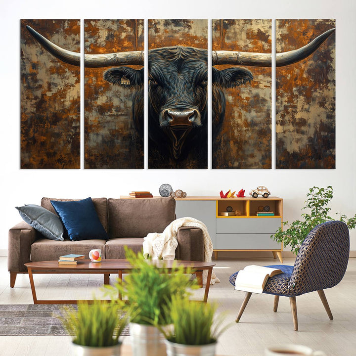 Abstract Longhorn Texas Bull Wall Art | Rustic Farmhouse Canvas Print | Ready to Hang Barn Decor for Farmhouse and Cabin Style