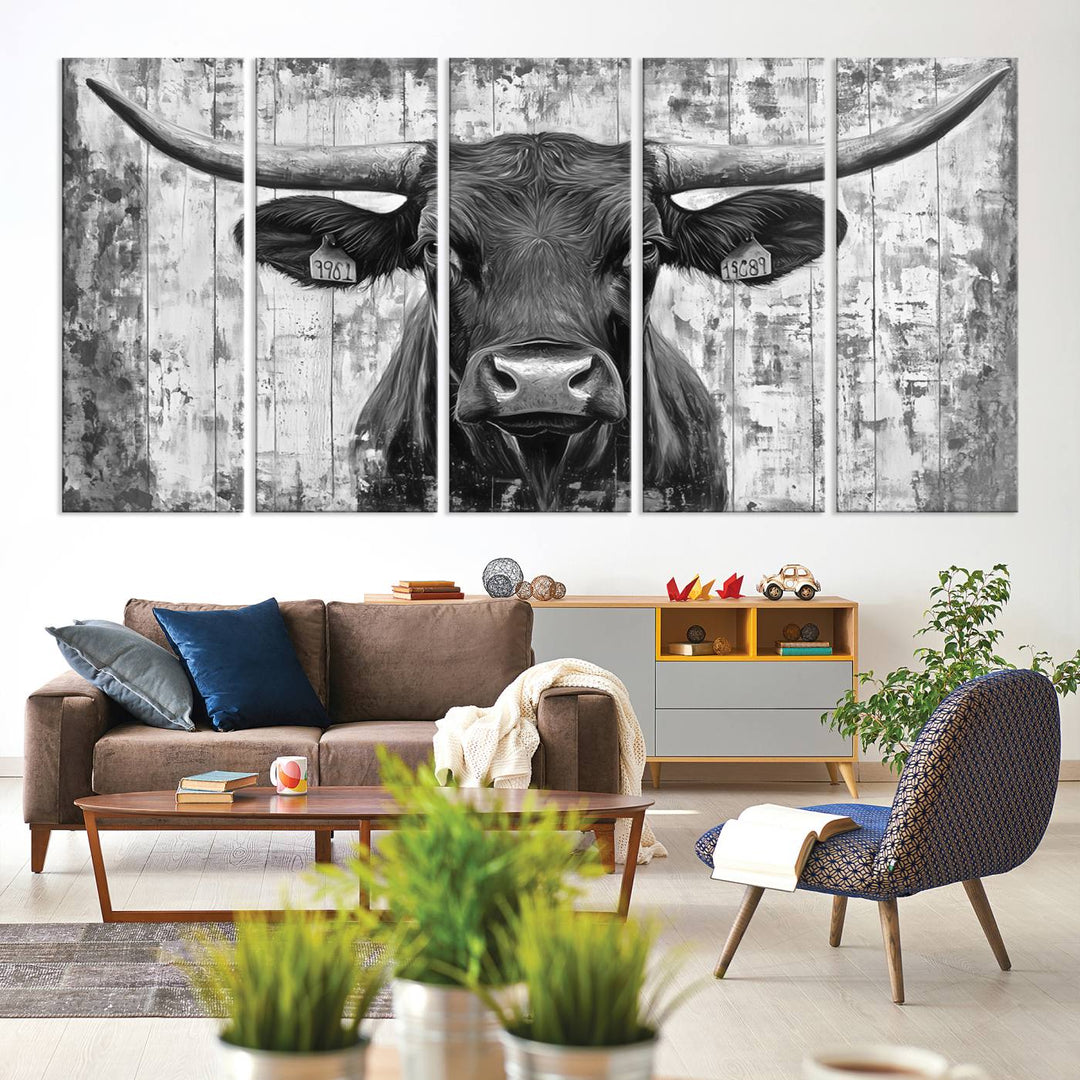 Abstract Longhorn Bull Wall Art Canvas Print - Rustic Texas Western Cow Artwork