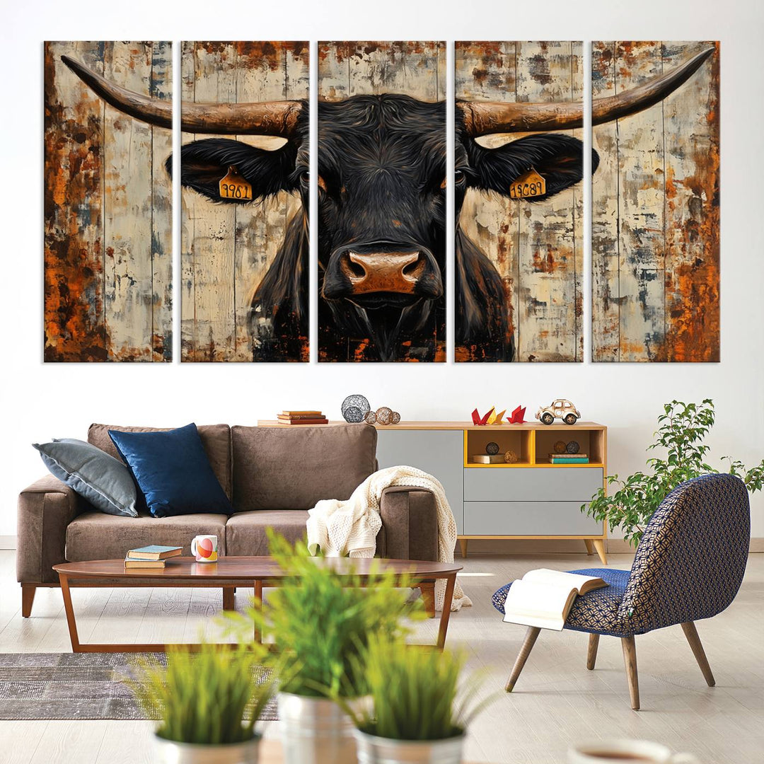 Abstract Cow Longhorn Bull Wall Art Canvas Print - Rustic Texas Western Cattle Artwork