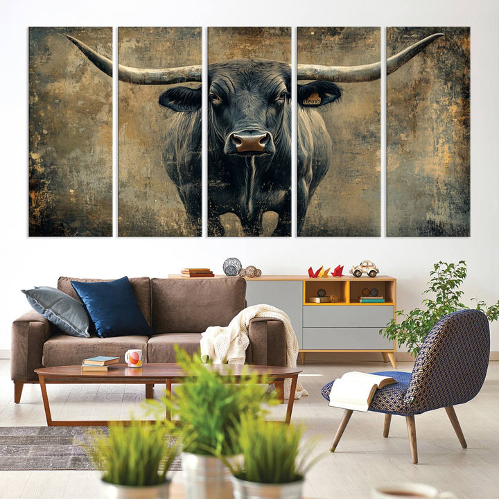 Abstract Cow Longhorn Bull Wall Art Canvas Print - Rustic Texas Western Cattle Artwork