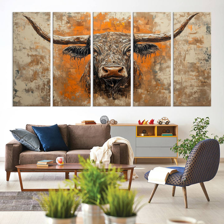 Abstract Cow Longhorn Bull Wall Art Canvas Print - Rustic Texas Western Cattle Artwork