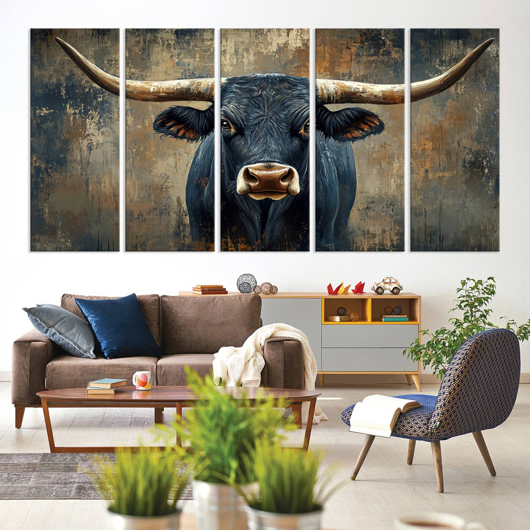 Abstract Cow Longhorn Bull Wall Art Canvas Print - Rustic Texas Western Cattle Artwork