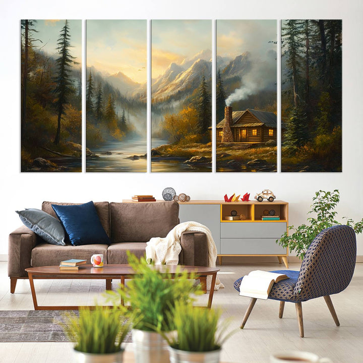 Wood Cabin Retreat Mountain at Sunset Wall Art Print - Serene Forest and River Landscape Wall Art Canvas Print