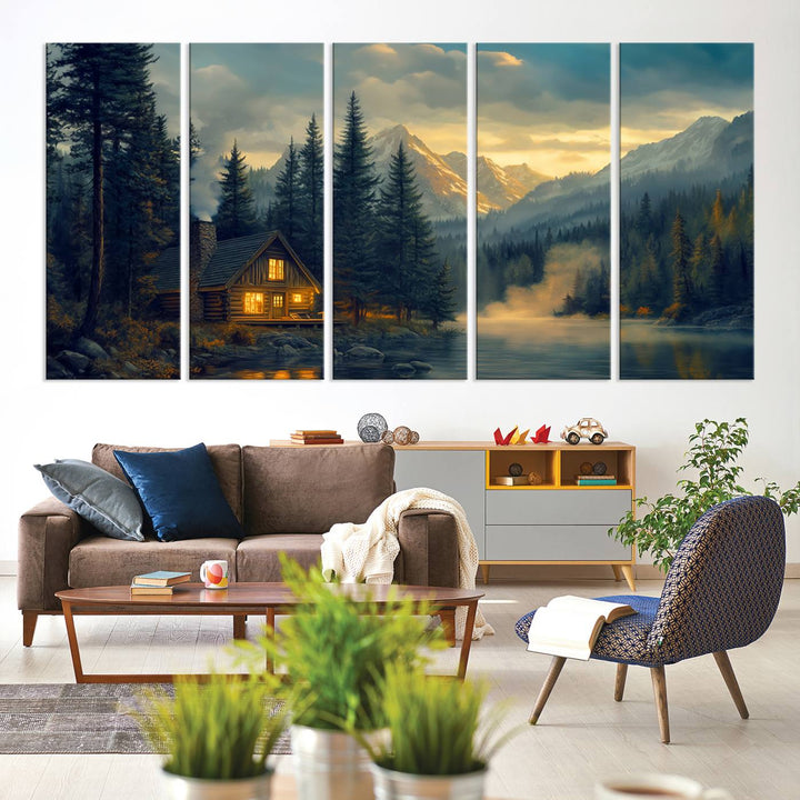 Mountain Cabin by the Lake at Sunset Wall Art - Serene Nature Canvas Print for Living Room Decor, Rustic Lodge Ambiance, 3-Panel Large Wall Art