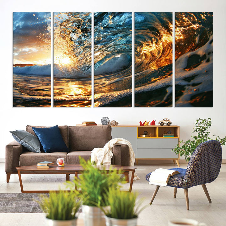 Ocean Wave at Sunset Wall Art | Ready to Hang Triptych Canvas Print | Coastal Wall Art for Living Room | Nautical and Beach House Decor