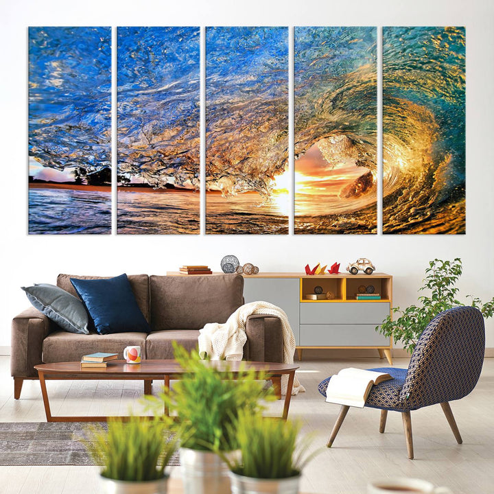 Ocean Wave at Sunset Canvas Print | Large Coastal Ocean Wall Art Print | Vibrant Beach Waves Art Print | Surf Lover Gift | Nautical Decor