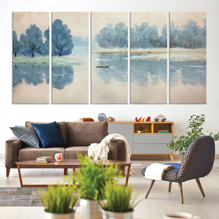 Landscape Printing Lake and Boat Scene | Serene Landscape Wall Art for Nature Lovers | Ready to Hang Triptych Canvas Print | Peaceful Blue Trees and Water Reflection Decor