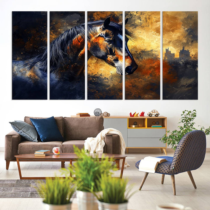 Abstract Horse Art Print on canvas, featuring a colorful background, perfect for rustic farmhouse or equestrian decor.