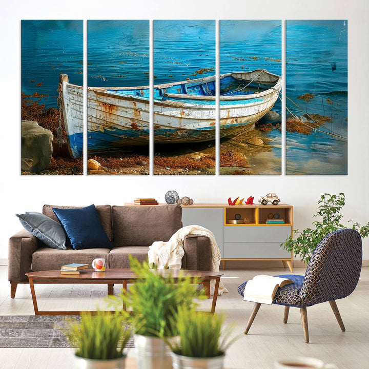 Vintage boat on tranquil waters—rustic triptych canvas print ideal for nautical or coastal wall art.