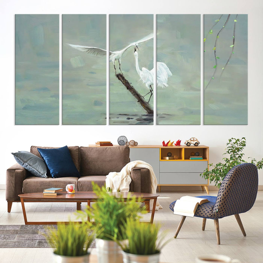 Elegant White Herons on Calm Waters | Coastal Wall Art for Nature-Inspired Decor | Serene Triptych Canvas Print | Ready to Hang Bird-Themed Art for Home Decor