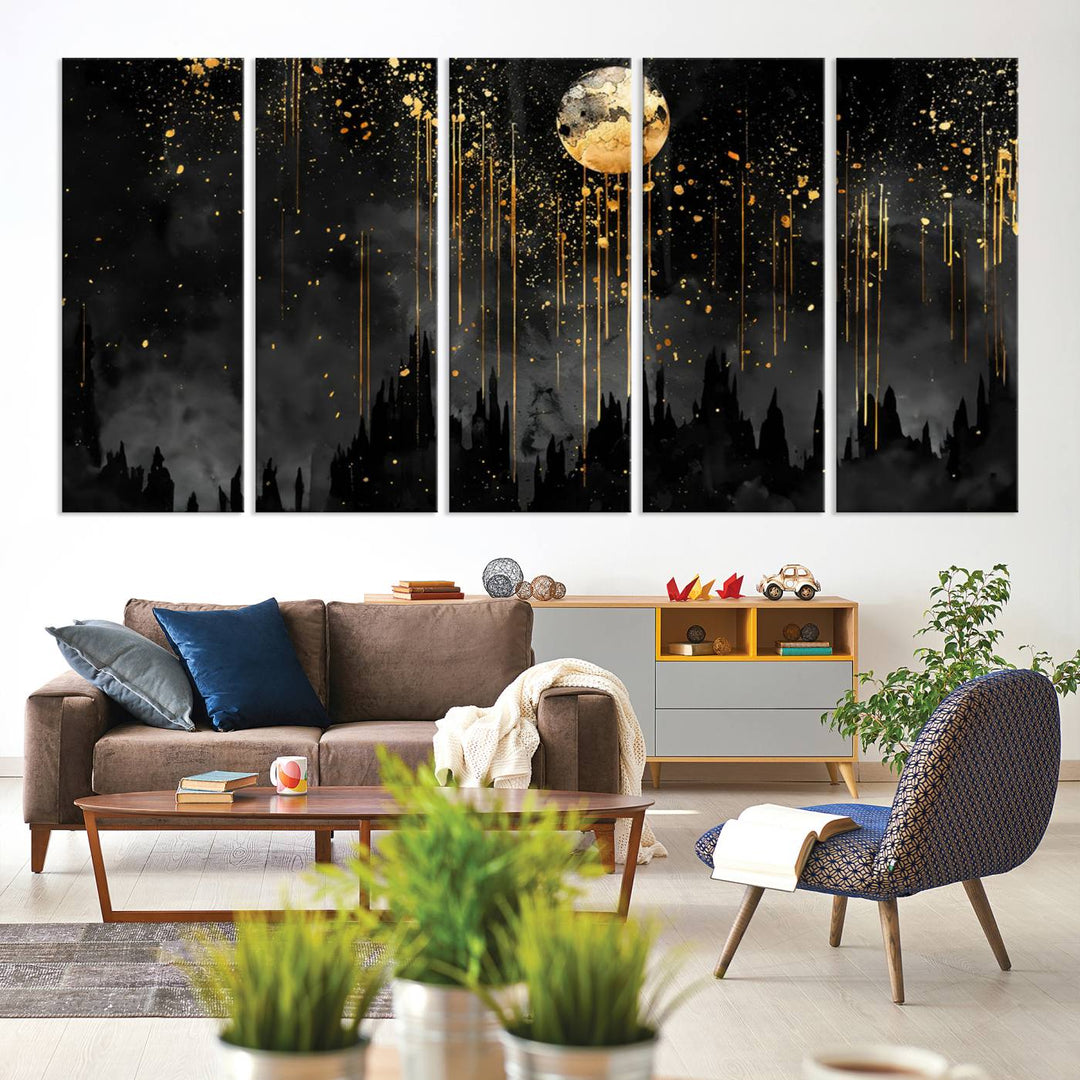 Gold Moon and Black Skyline Abstract Wall Art | Dark Modern Canvas Print with Dripping Gold Accents | Triptych Contemporary Homes