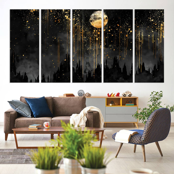 Gold Moon and Black Skyline Abstract Wall Art | Dark Modern Canvas Print with Dripping Gold Accents | Triptych Contemporary Homes