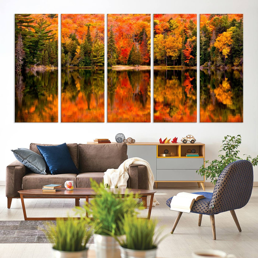 Autumn Forest Reflection Wall Art | Triptych Canvas Print | Vibrant Fall Foliage Wall Decor | Nature-Inspired Cabin Wall Art for Living Room