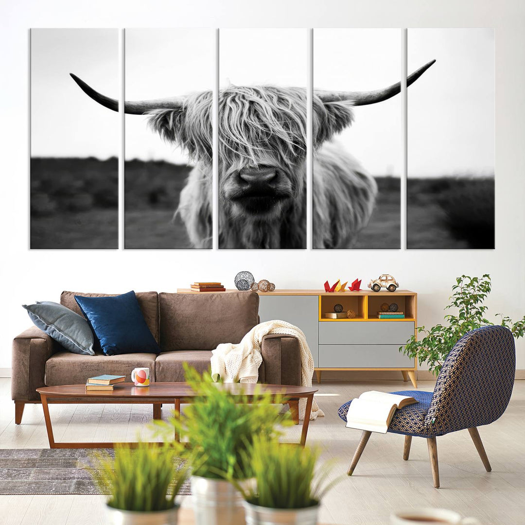 Highland Cow Wall Art | Black and White Farmhouse Decor | Ready to Hang Triptych Canvas Print | Rustic Barn Decor | Scottish Highland Cattle Art Print