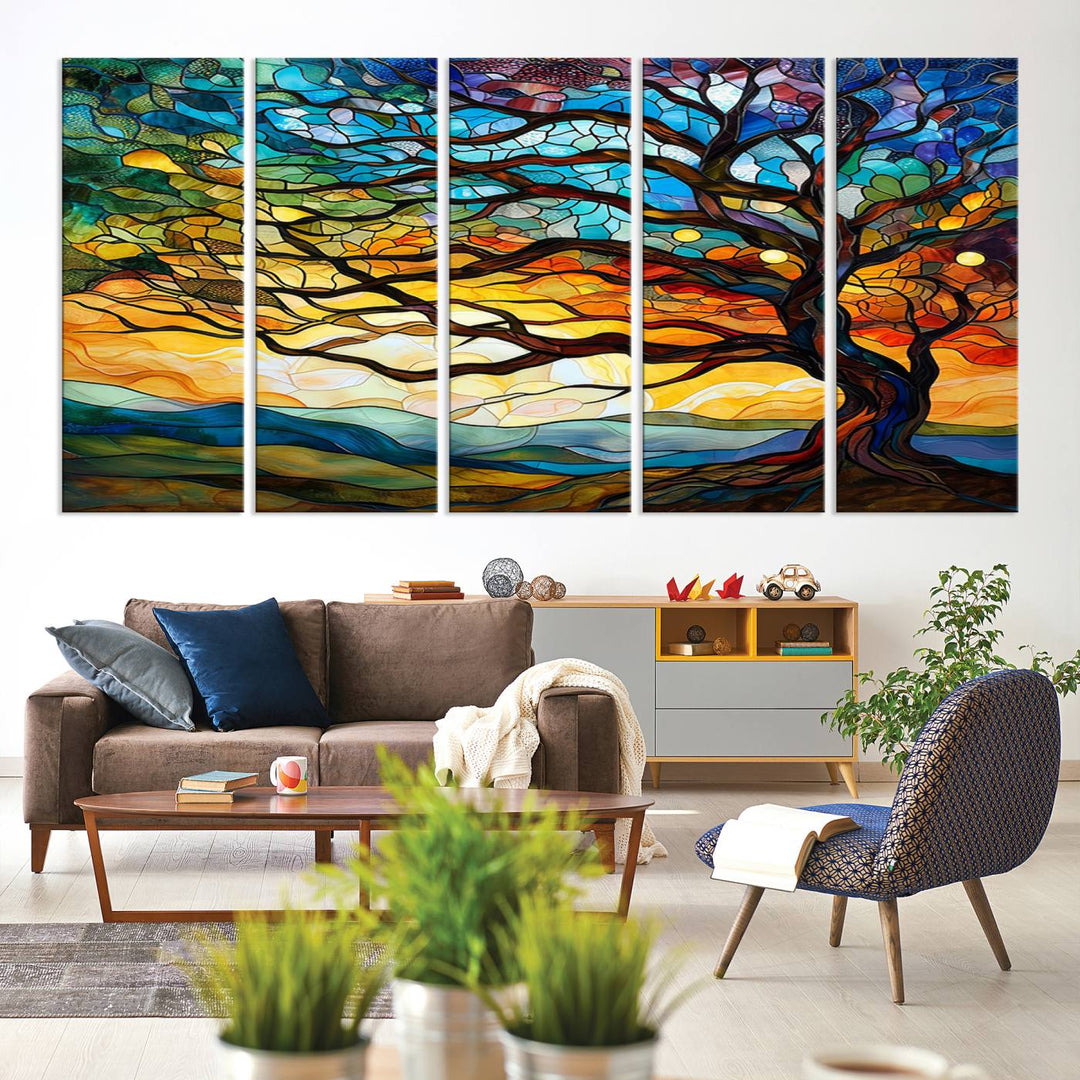 Vibrant Mosaic Tree of Life Wall Art | Stained Glass Style Canvas Print | Ready to Hang Artistic Decor