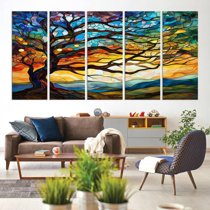 Mosaic Tree Wall Art | Ready to Hang Stained Glass Style Canvas Print | Farmhouse Wall Decor, Cabin Wall Art, and Unique Nature Home Decor