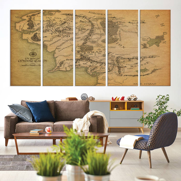 Vintage J.R.R. Tolkien Middle-Earth Map 3 Panel Canvas, perfect as wall art for home or office decor.
