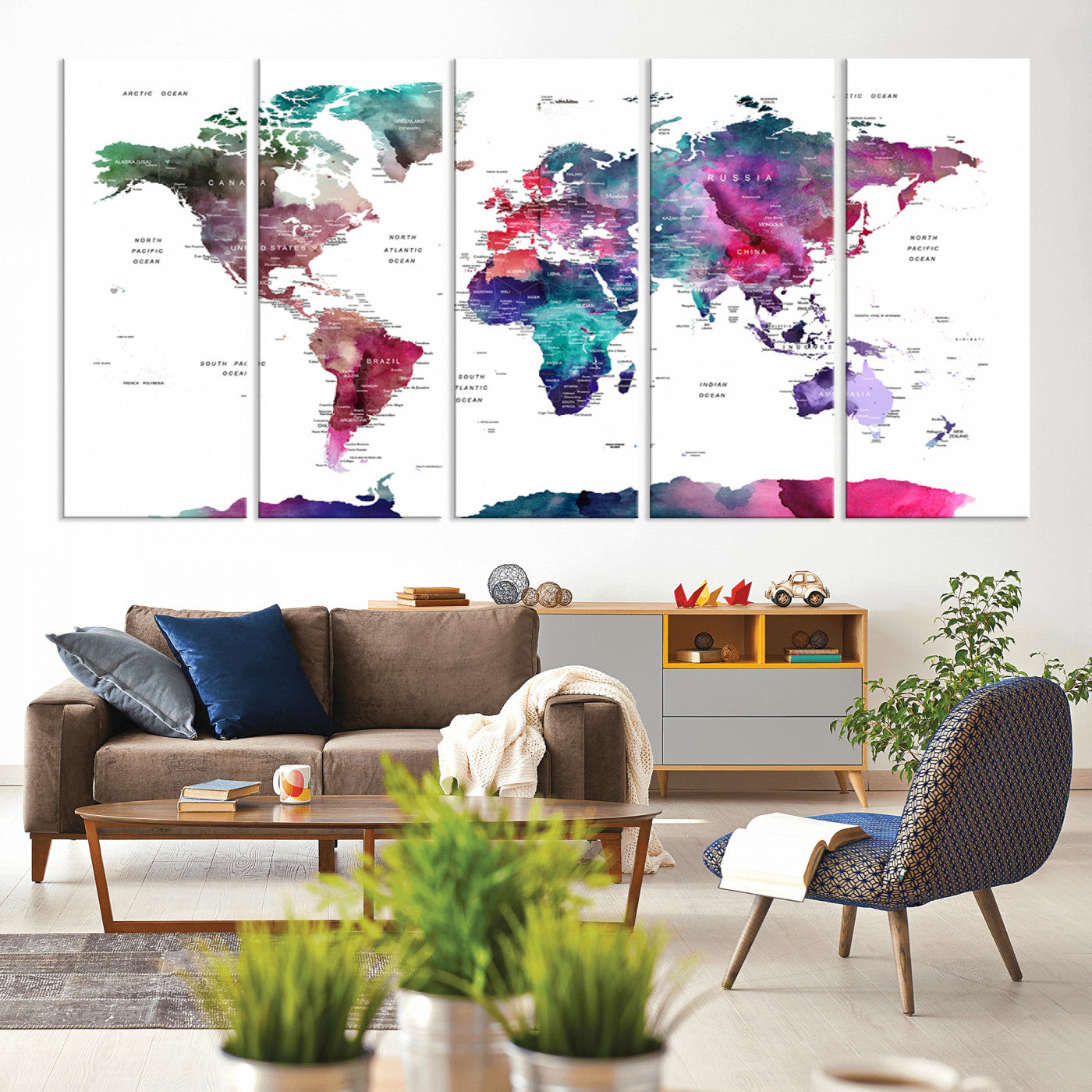 78176-MGV-CV-60X31-5P-Push Pin World Map Canvas Print – Framed Wall Art for Couples to Track Their Travels – Anniversary Gift or Home Adventure Decor