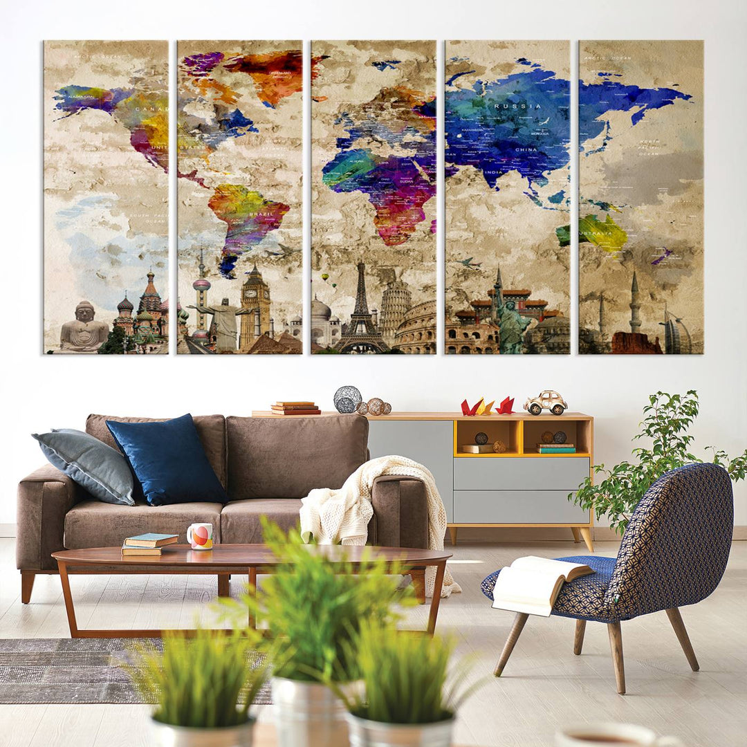 Artistic world map featuring landmarks like the Eiffel Tower, printed on premium wall art for office or living space.