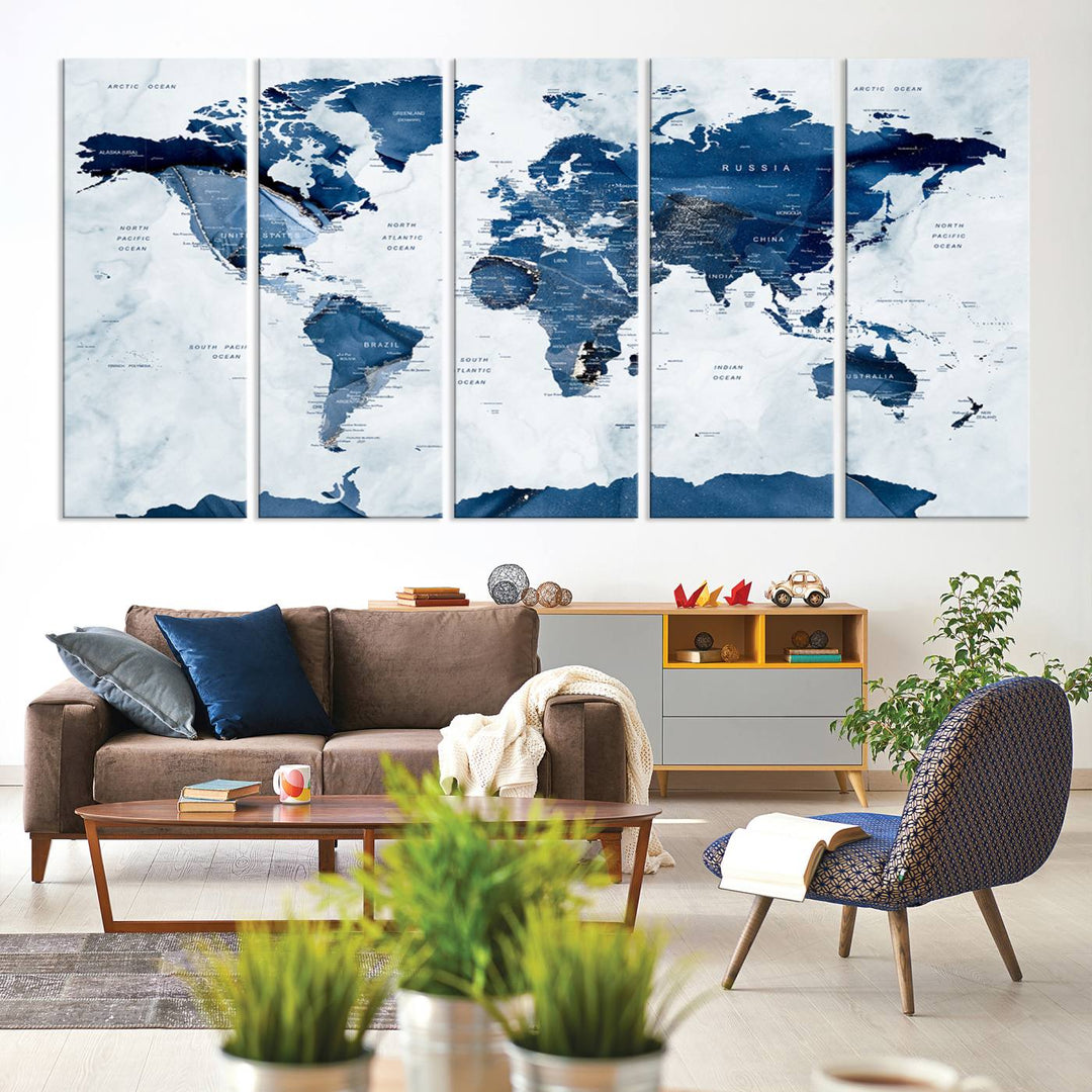 Navy Blue World Map with Antarctica Canvas: A perfect abstract home decor piece featuring a grunge-stained background.