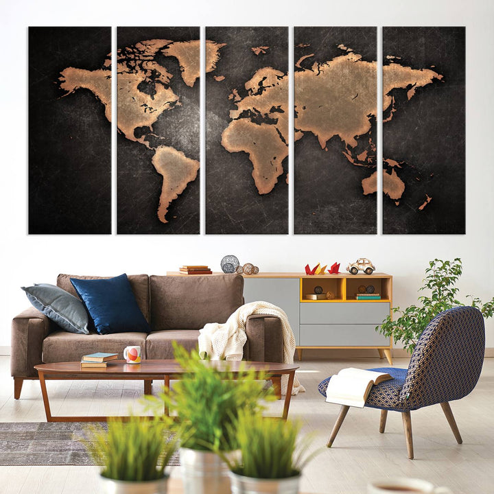 Maroon World Map Wall Art: Copper continents on a grunge-stained canvas, ideal for enhancing your decor.