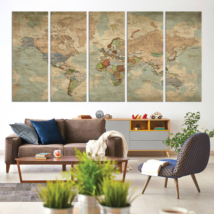 Vintage World Map Canvas Wall Art – Antique Triptych Map Print – Rustic Global Decor for Living Room or Office – Ready to Hang