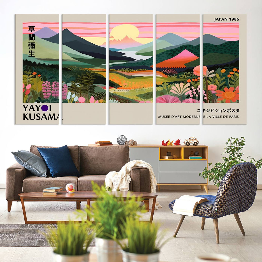 Vibrant abstract landscape canvas with mountains and fields, titled Yayoi Kusama 1986 Wall Art Print.