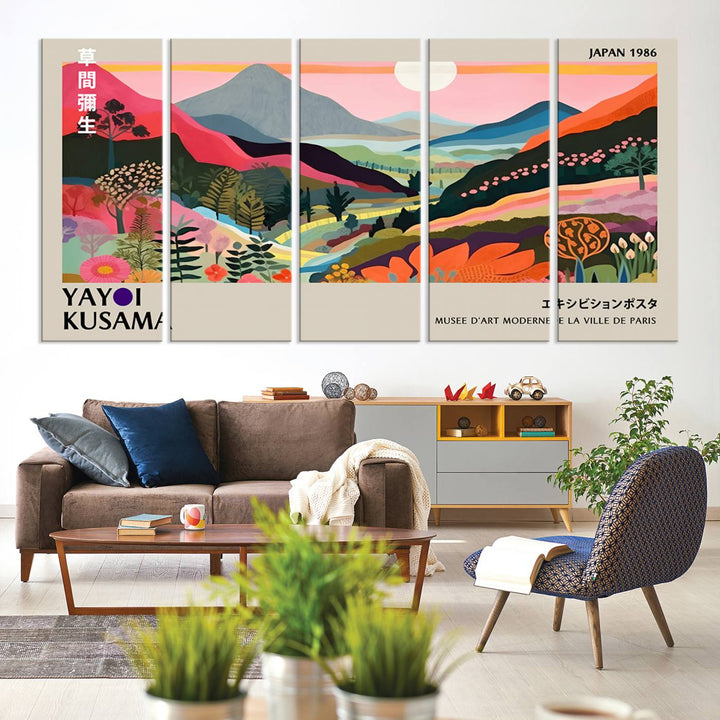 Vibrant abstract landscape canvas inspired by Yayoi Kusama, featuring mountains, trees, and flowers in a triptych style.