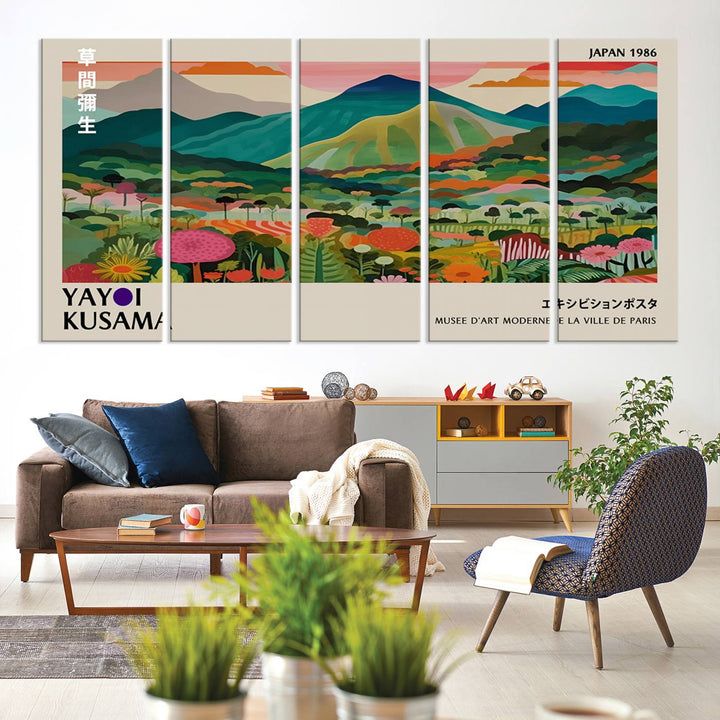 1986 Yayoi Kusama Art Print – Vibrant, abstract landscape featuring hills and trees in a Japanese Wabi Sabi style. Ready-to-hang.