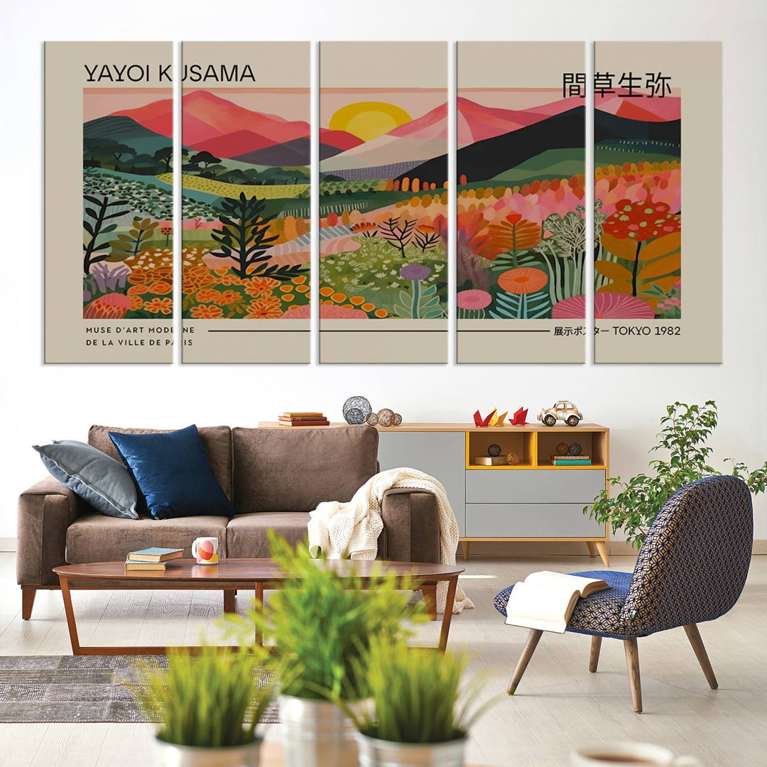 A vibrant abstract triptych features mountains, a sun, and plants in Yayoi Kusamas style with Japanese and French text included.