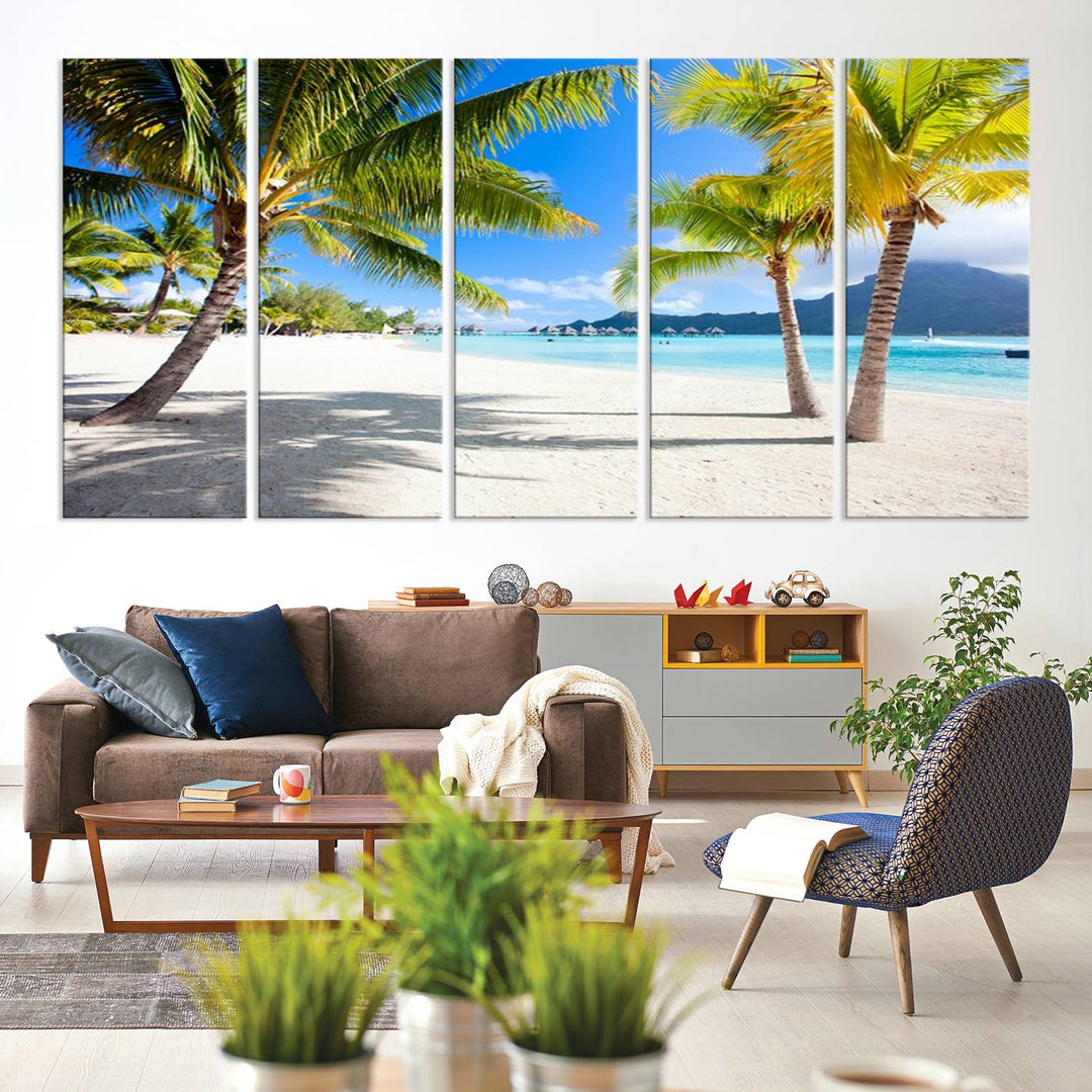 Blue Beach and Sea Wall Art Canvas Print: showcases a tropical scene with palm trees, white sand, and turquoise water.