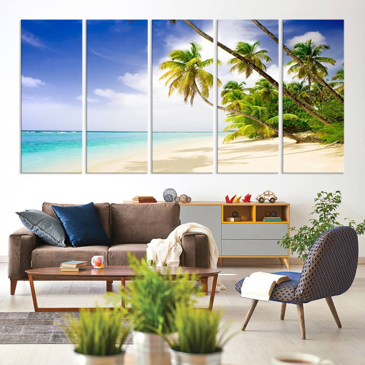 Tropical Beach Canvas: Palm Trees & White Sand Shore Decor, Vibrant Coastal Print, Ready to Hang.