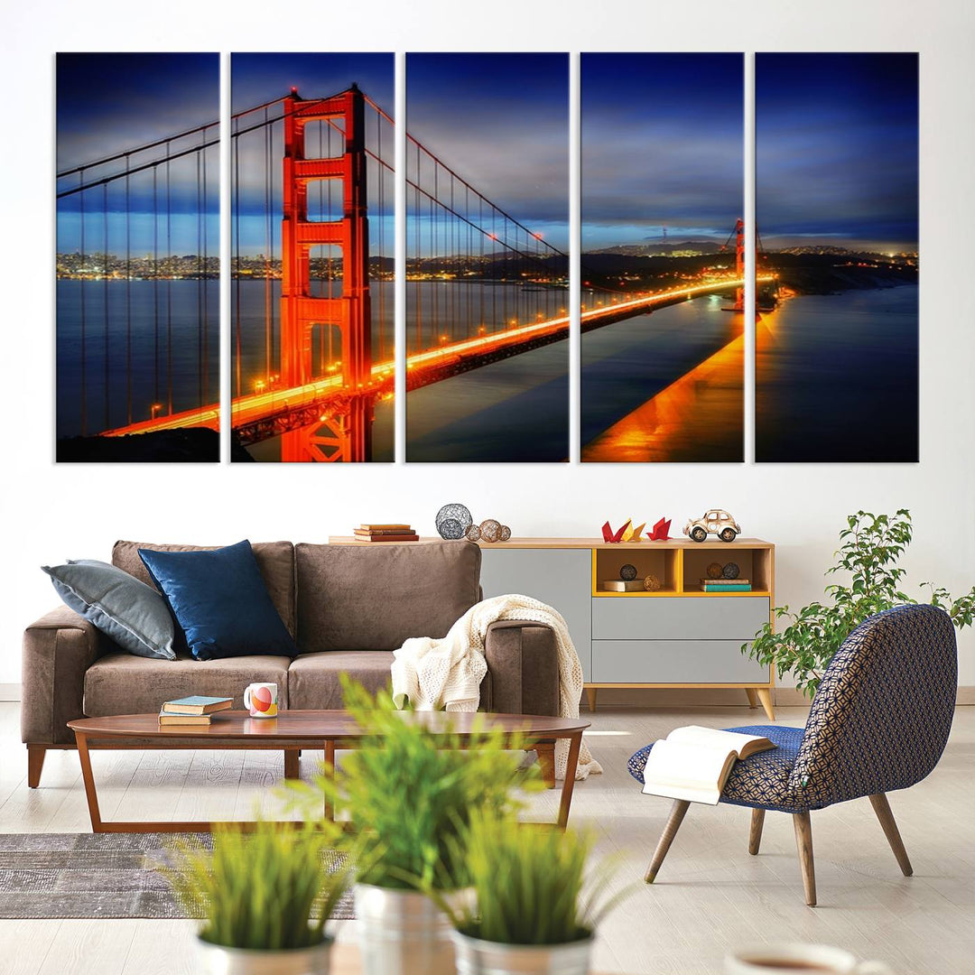 The living room features a large San Francisco canvas art piece—a stunning triptych of the Golden Gate Bridge at twilight, known as the "Large Wall Art San Francisco Canvas Print - Wonderful Golden Gate Bridge at Twilight.