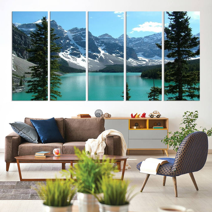 Canadian Rockies Moraine Lake Landscape Canvas Print showcasing a turquoise lake and mountain view.