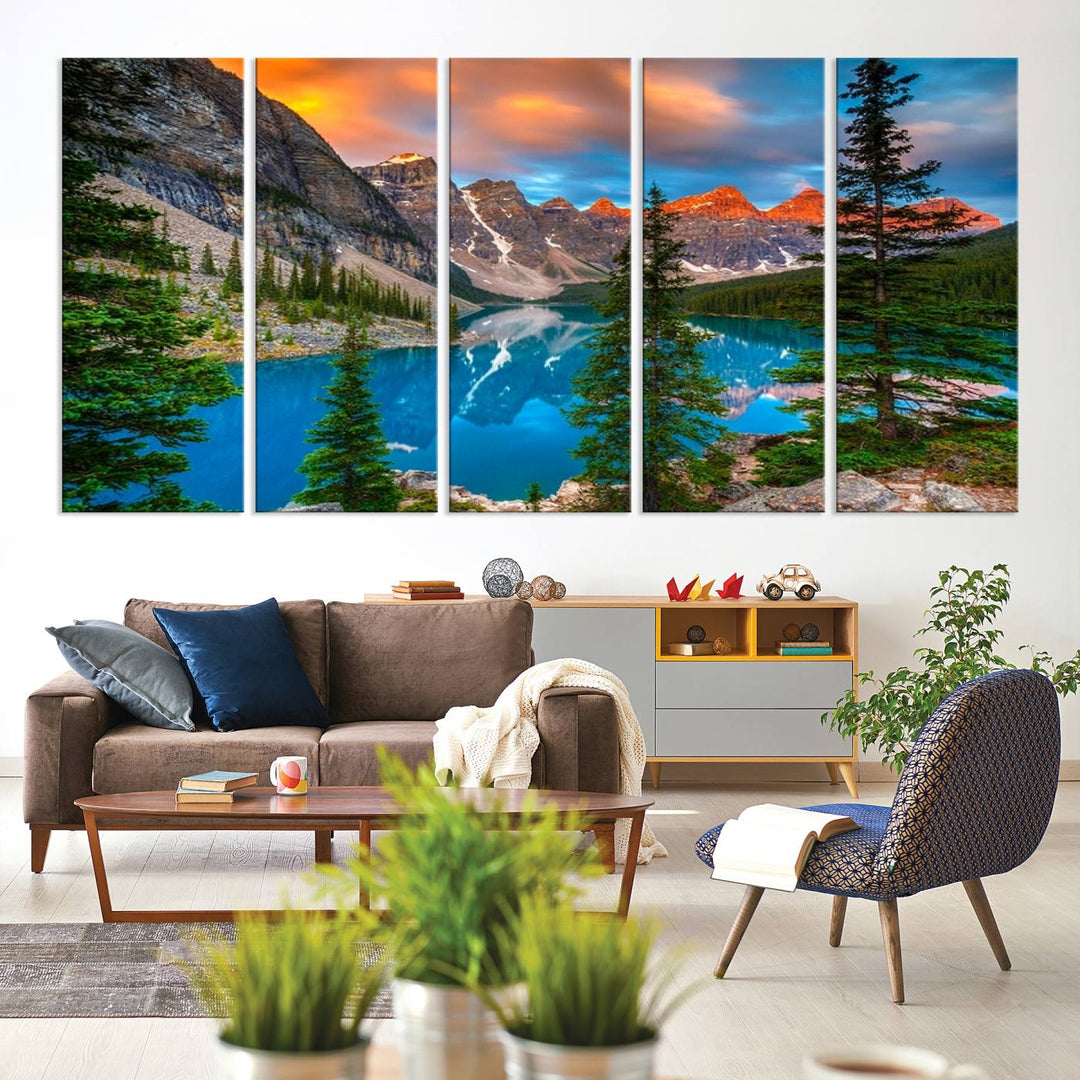 A kitchen featuring a Canadian Rockies Moraine Lake Wall Art Canvas Print displayed on the wall.