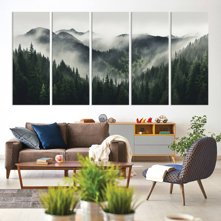 Serene and mystical landscape of misty mountains and dense evergreens, ideal for a Misty Mountain Forest Canvas Wall Art Print.