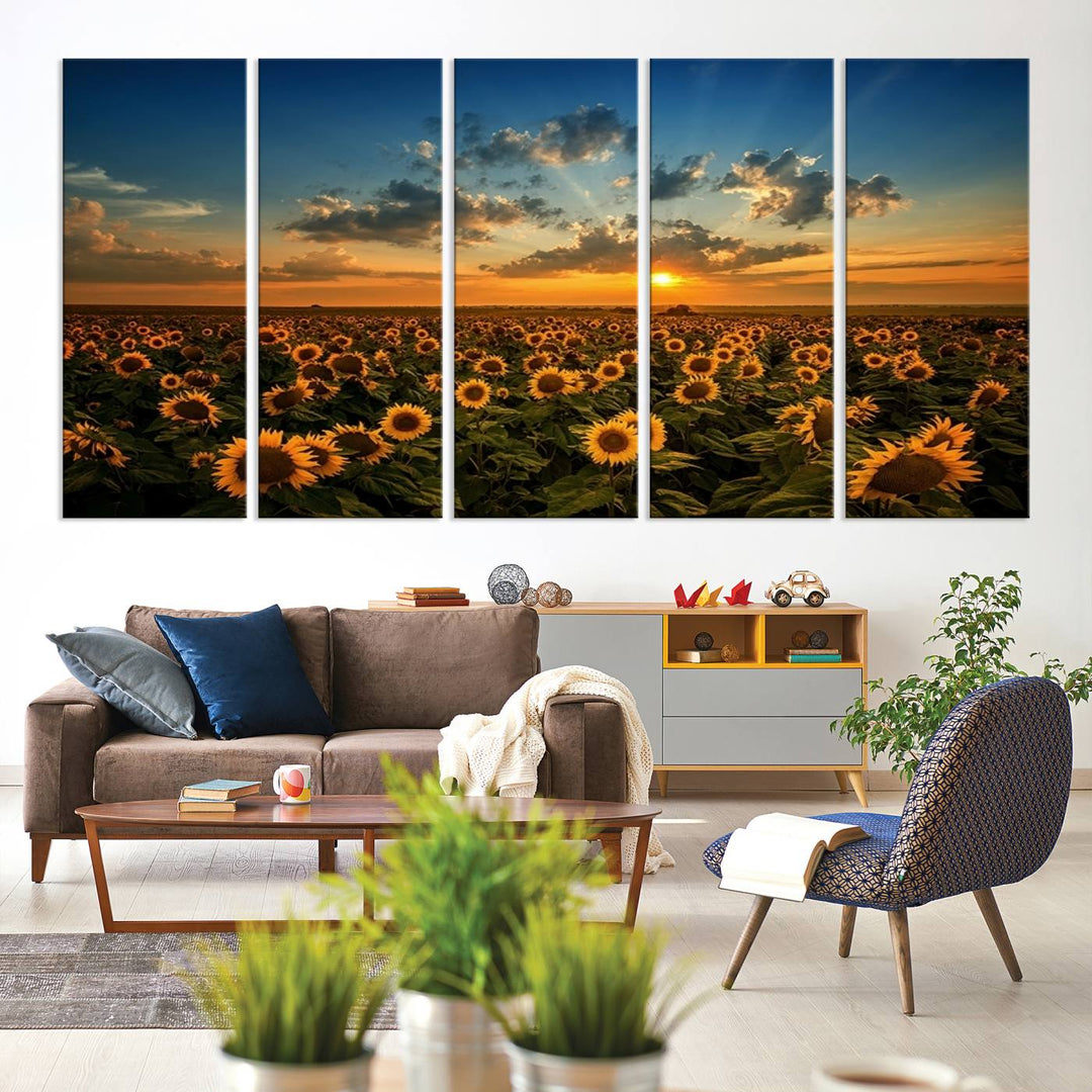 The dining area features the Sunflower Field Sunset Wall Art Canvas Print.