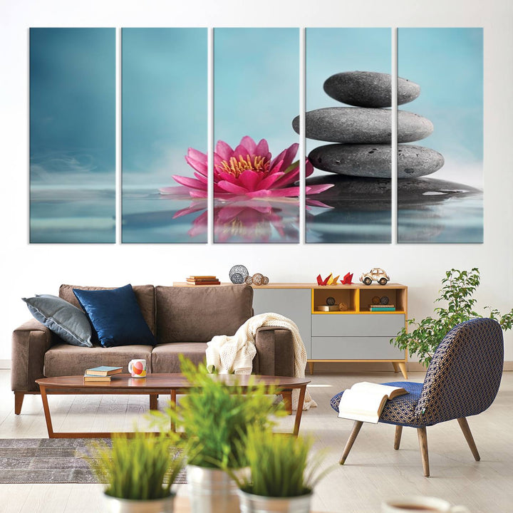 The dining room features a Zen Serenity Triptych wall art, showcasing a calming depiction of lotus flowers and balancing stones.